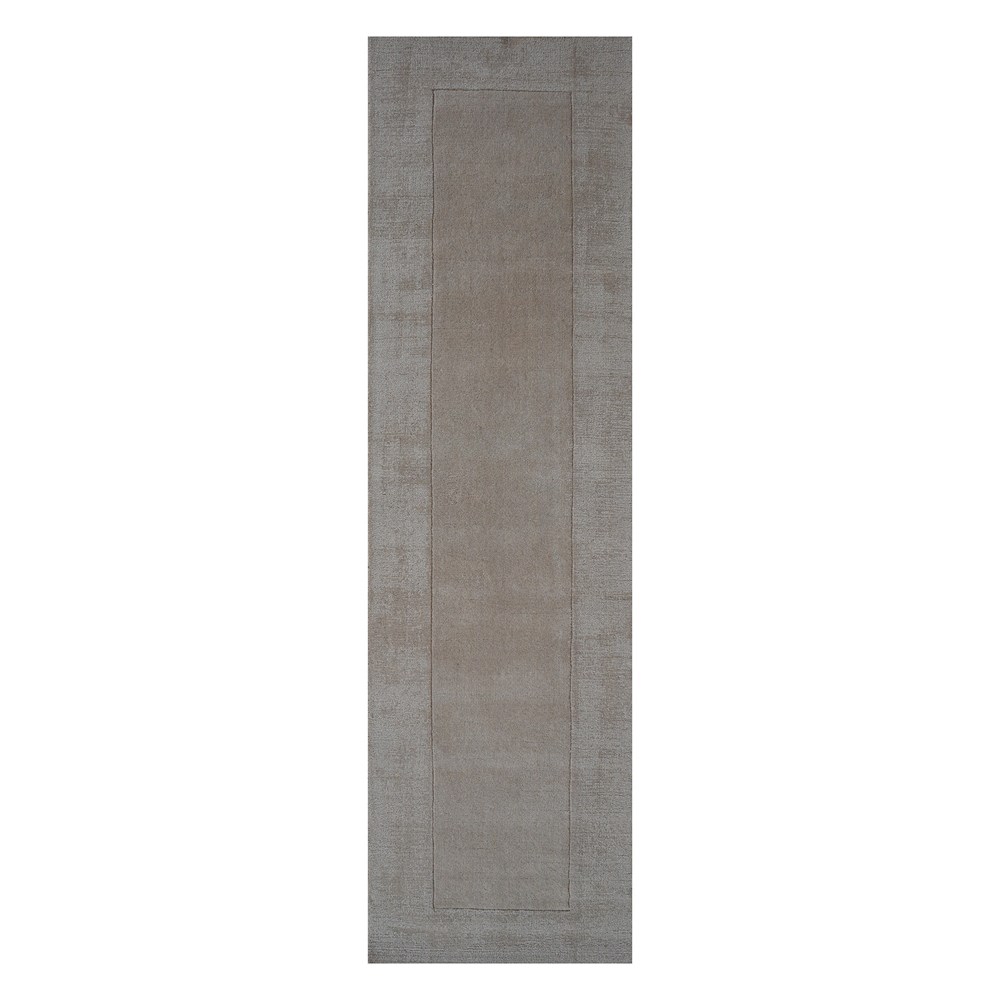 Handloom Plain Carved Border Wool Runner Rugs in Beige